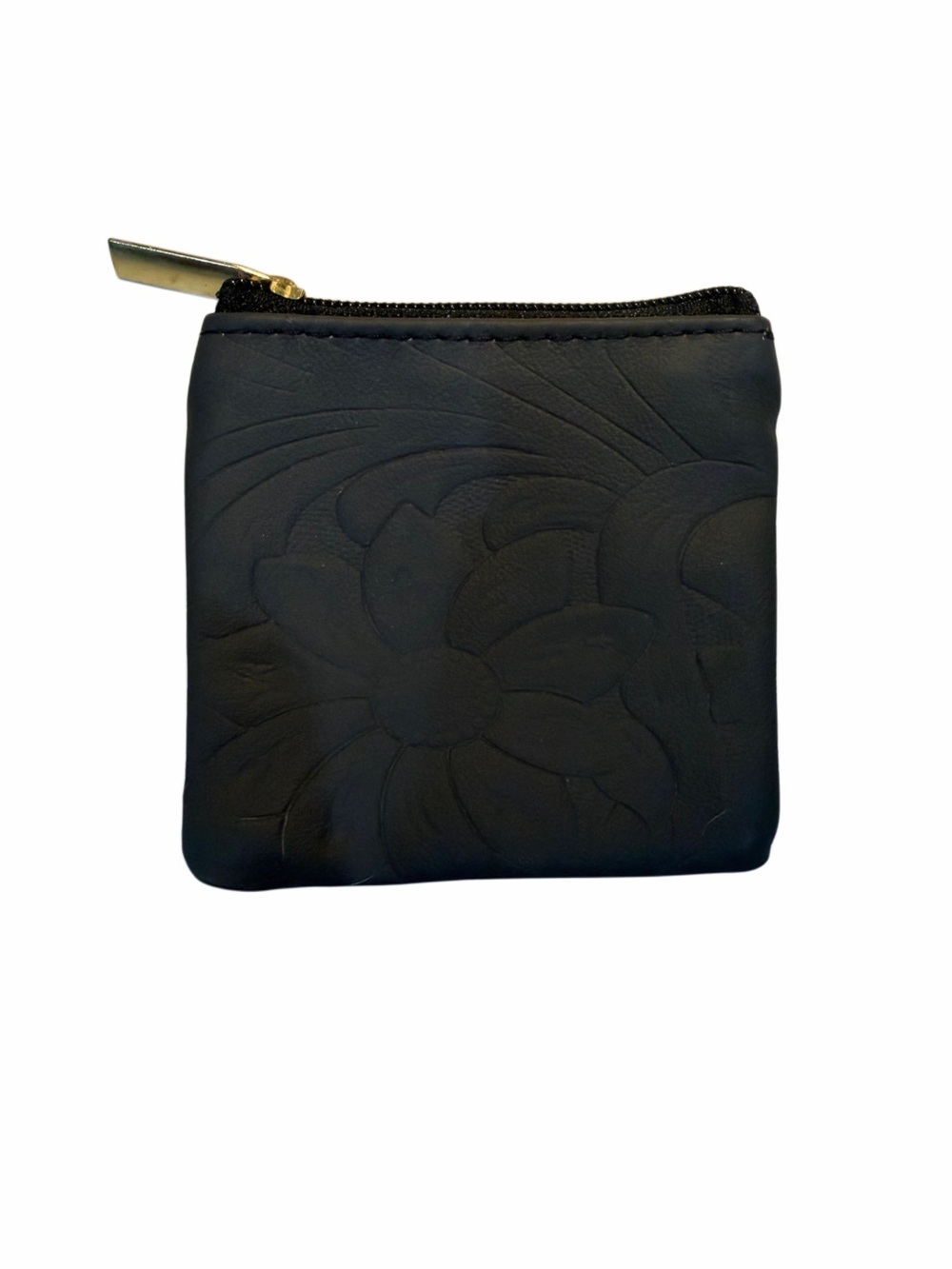 Classic Black Floral Embossed Leather Coin Pouch